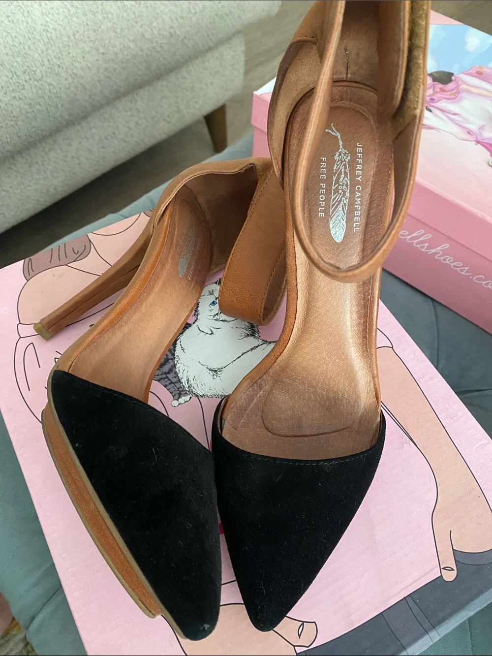 Jeffrey Campbell Black and Tan Pointed D'Orsay Ankle-Strap Heels